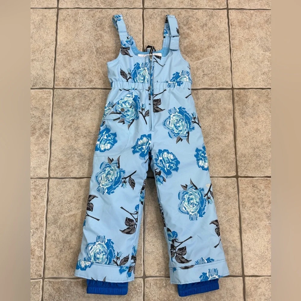 Obermeyer Blue Floral Kids snow bibs size girls 5
